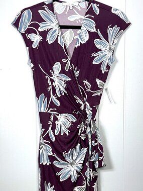 Lark & Ro Maya Purple Blue Floral Flower Cap Sleeve Wrap Side Tie Dress XS NEW